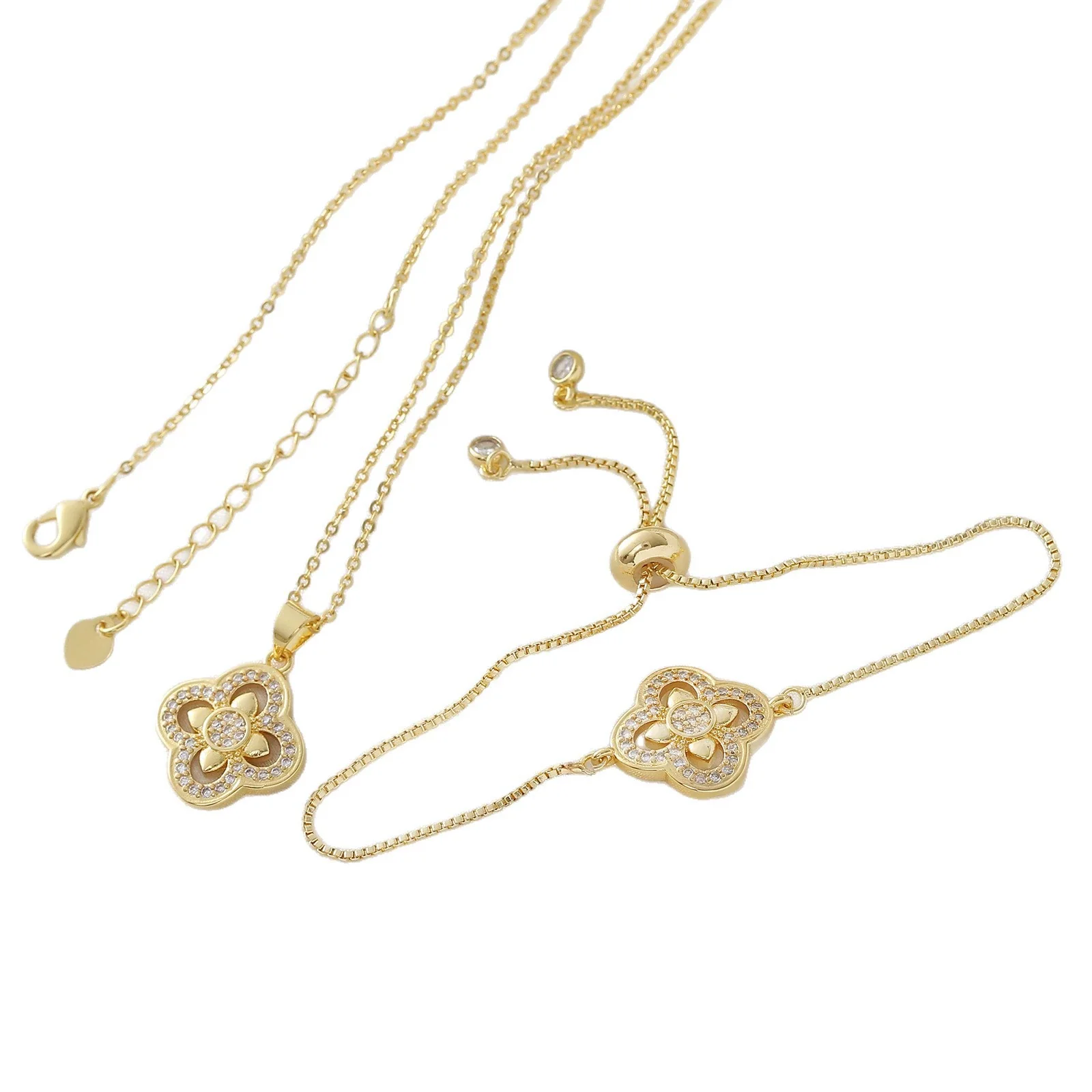 Wholesale Women's Copper 18K Gold Plated Fourleaf Clover Pendant Necklace And Bracelet Set With Ochain - Image 5