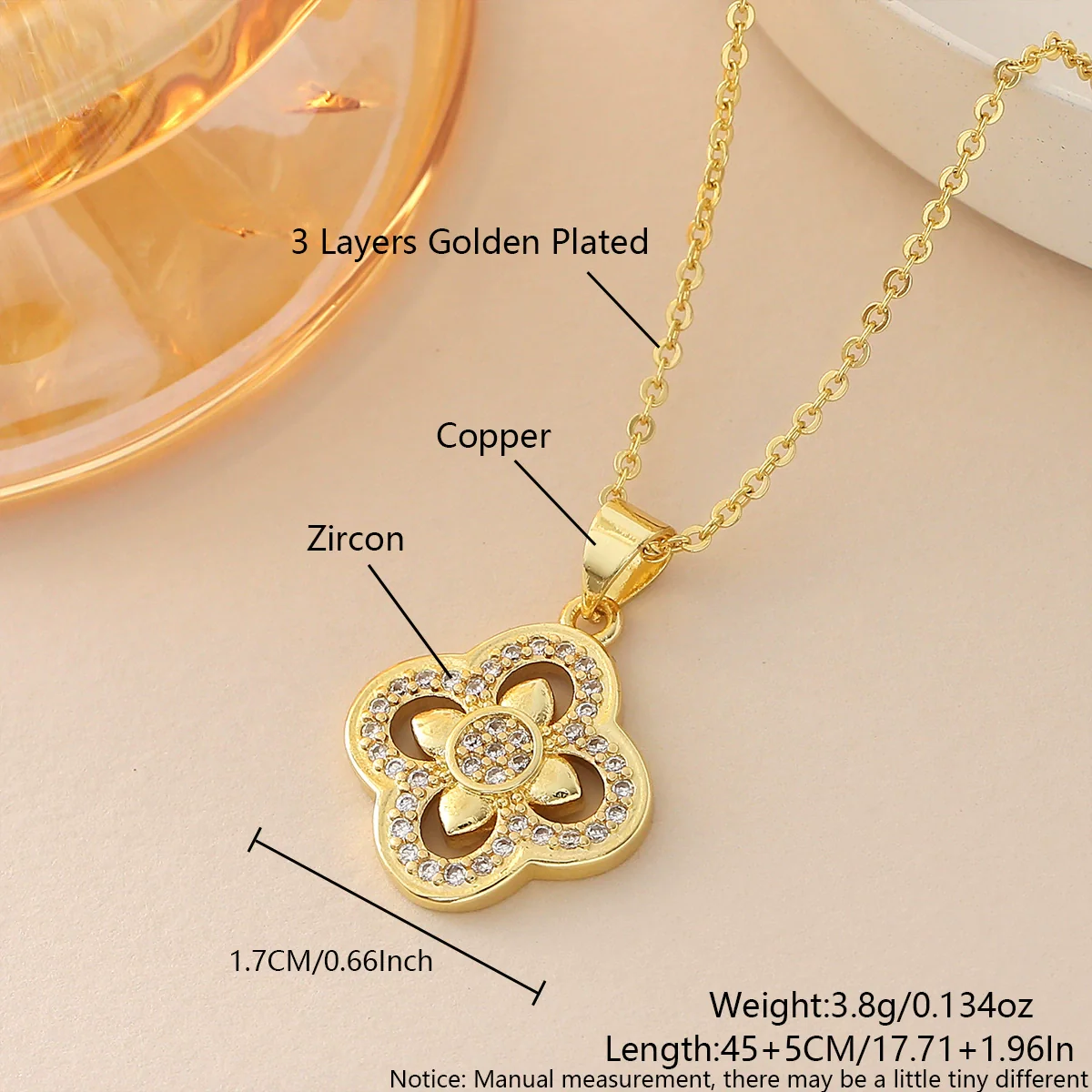 Wholesale Women's Copper 18K Gold Plated Fourleaf Clover Pendant Necklace And Bracelet Set With Ochain - Image 6