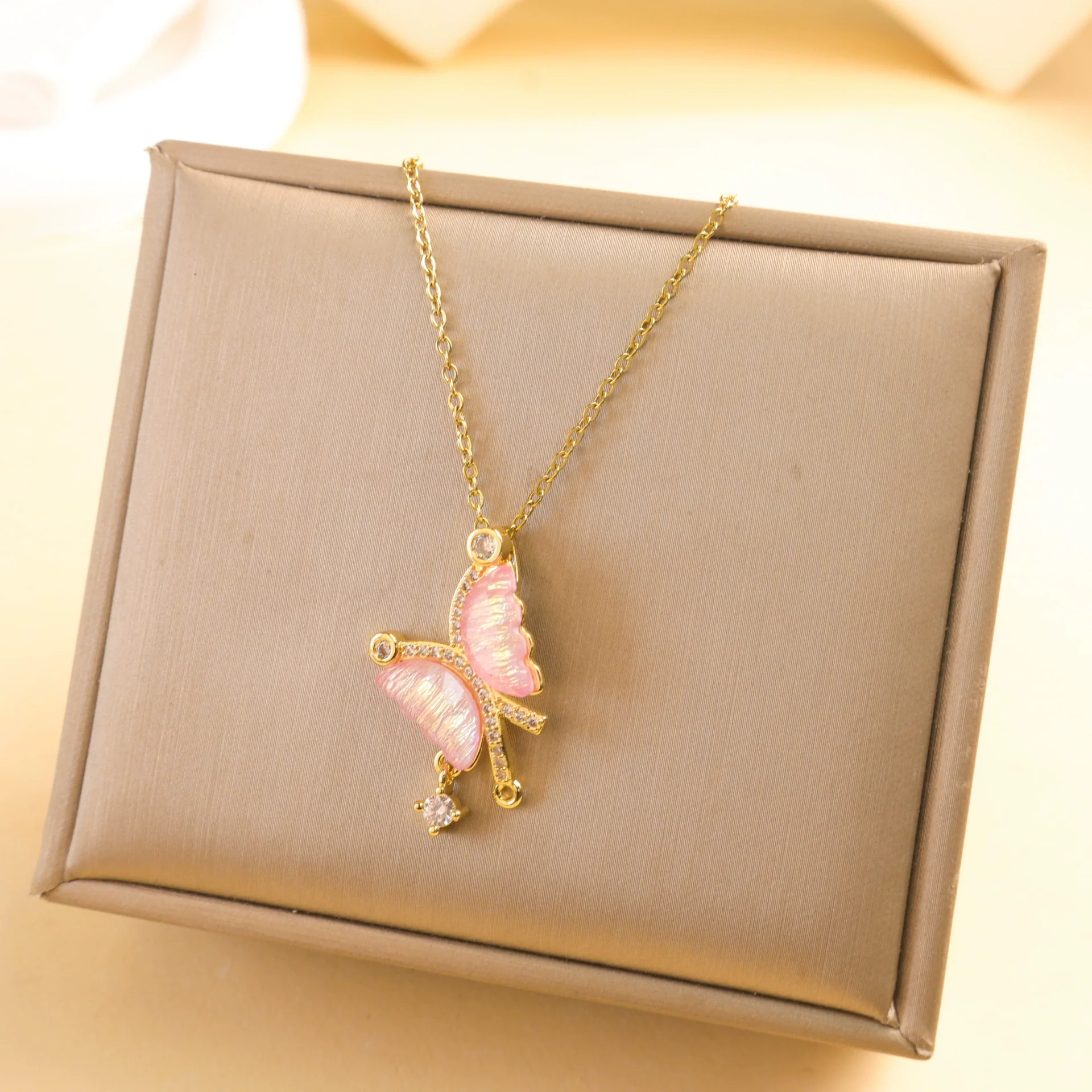 Wholesale Women's Copper And Titanium Steel Butterfly Pendant Necklace With Real Gold Plating And Enhanced Color Retention Sweet Style Cross Chain - Image 6
