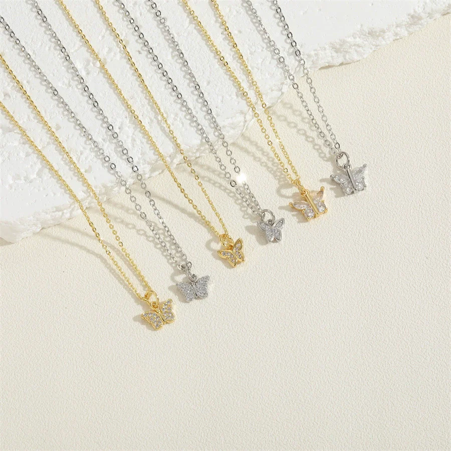 Wholesale Women's Copper Butterfly Pendant Necklace With Mixed Gem Inlay And Electroplating - Image 2