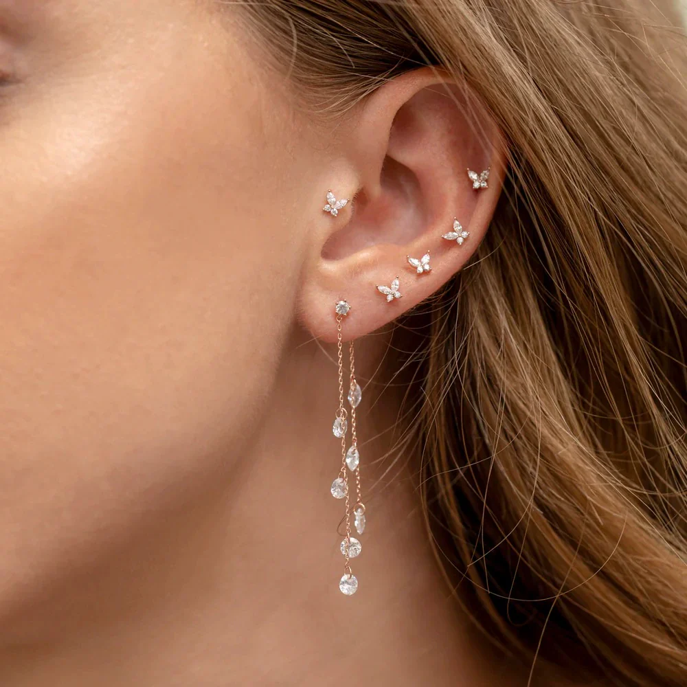 Wholesale Women's Copper Drop Shape Zirconia Butterfly Tassel Pendant Earrings Sweet Style