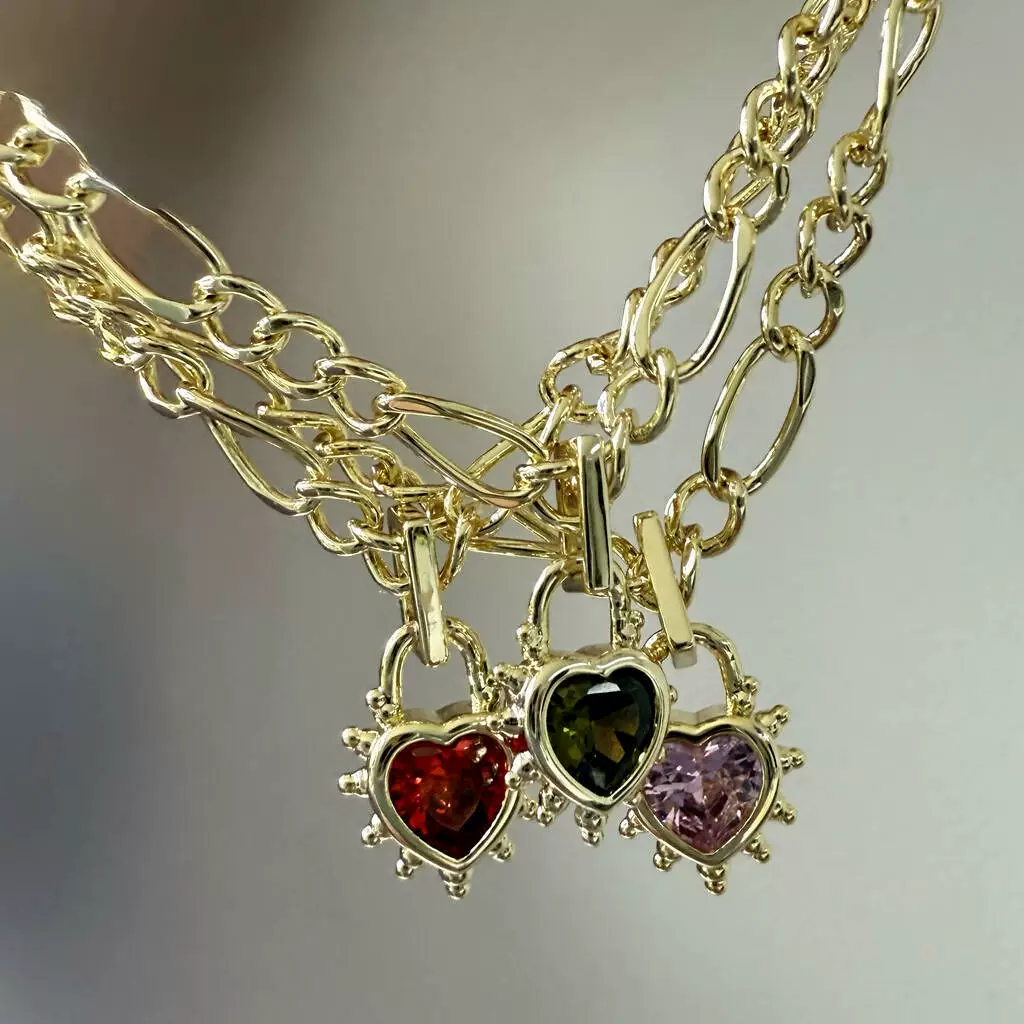Wholesale Women's Copper Electroplated Love Lock Necklace With Heartshaped And Geometric Zircon Pendant And Figaro Chain