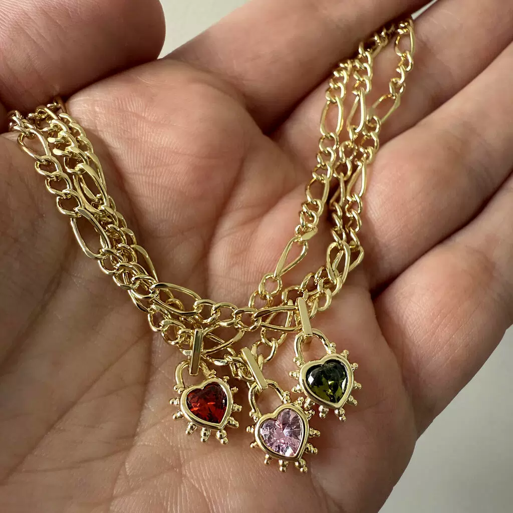 Wholesale Women's Copper Electroplated Love Lock Necklace With Heartshaped And Geometric Zircon Pendant And Figaro Chain - Image 2