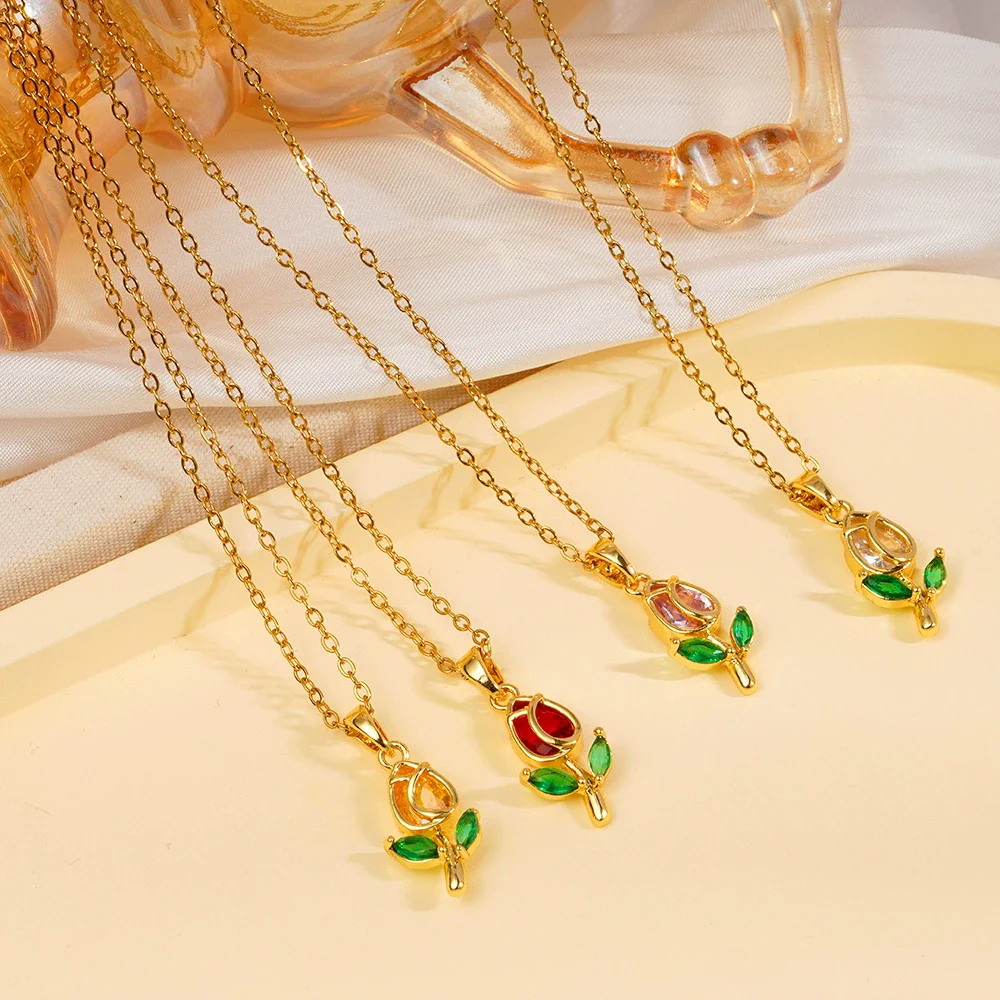 Wholesale Women's Copper Flower Diamond Clavicle Necklace With Electroplating And Mixed Gemstone Setting In Light Luxury Style - Image 2
