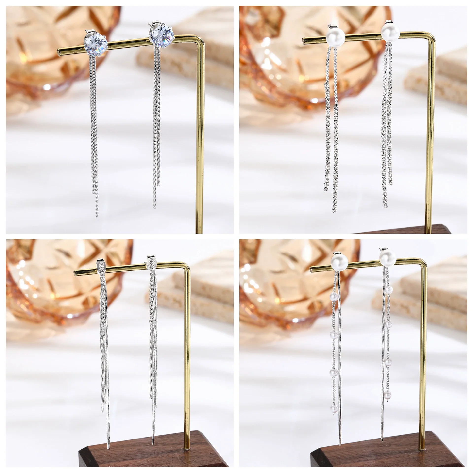 Wholesale Women's Copper Geometric Rhombus And Ushape Claw Chain Long Tassel Exaggerated Earrings - Image 3