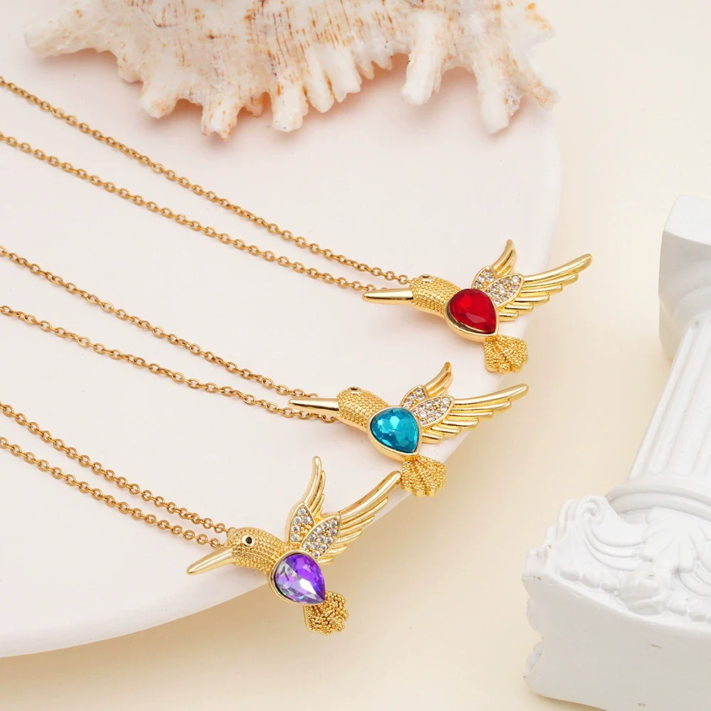 Wholesale Women's Copper Hummingbird Pendant Necklace With Mixed Gemstone Inlay And Gold Plated O Chain Light Luxury Style - Image 4