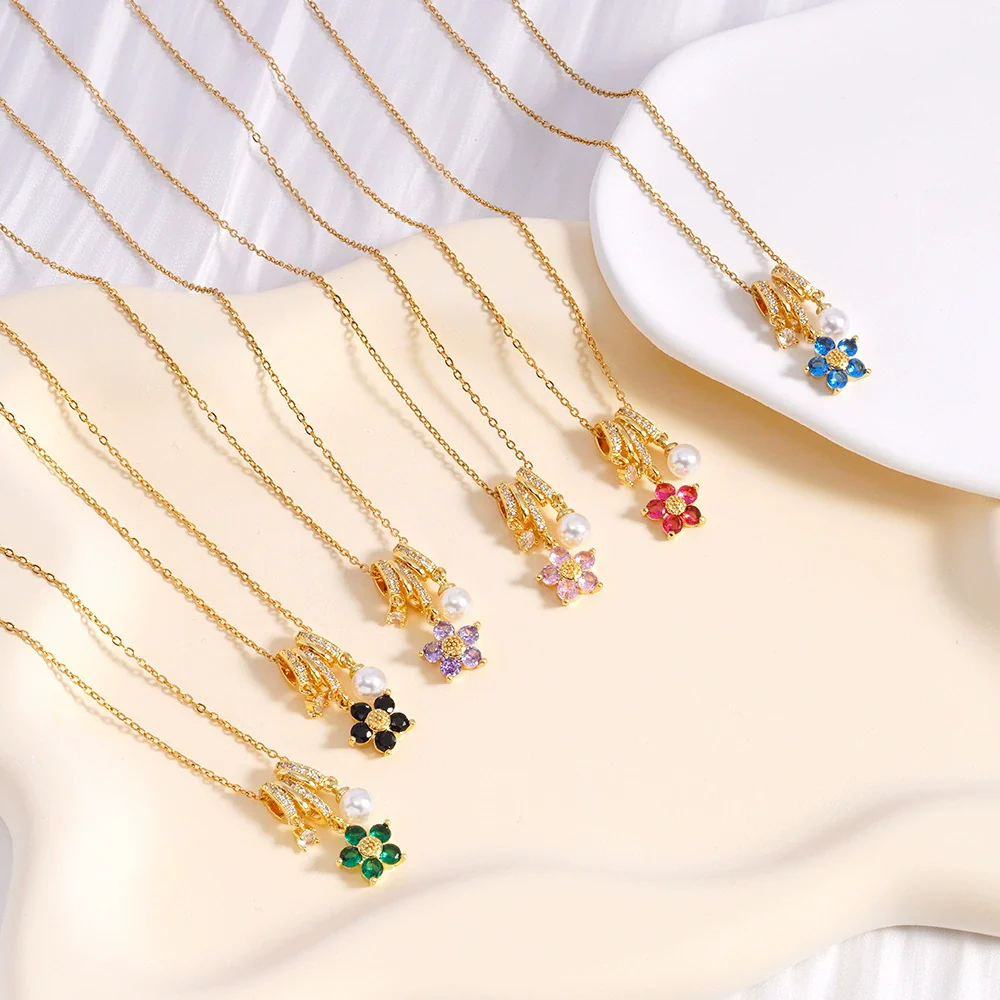 Wholesale Women's Copper Inlaid Mixed Gemstone Flower Tassel Pendant O Chain Necklace With Electroplating Treatment - Image 3