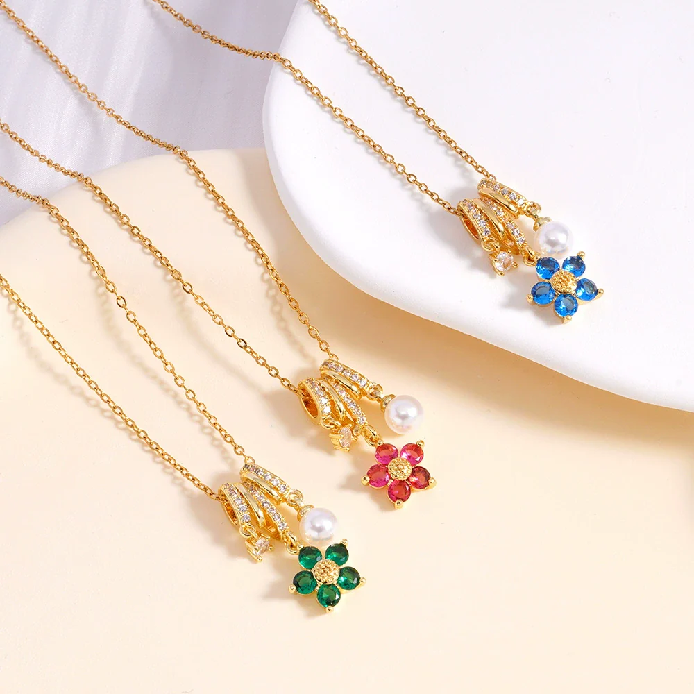 Wholesale Women's Copper Inlaid Mixed Gemstone Flower Tassel Pendant O Chain Necklace With Electroplating Treatment - Image 4