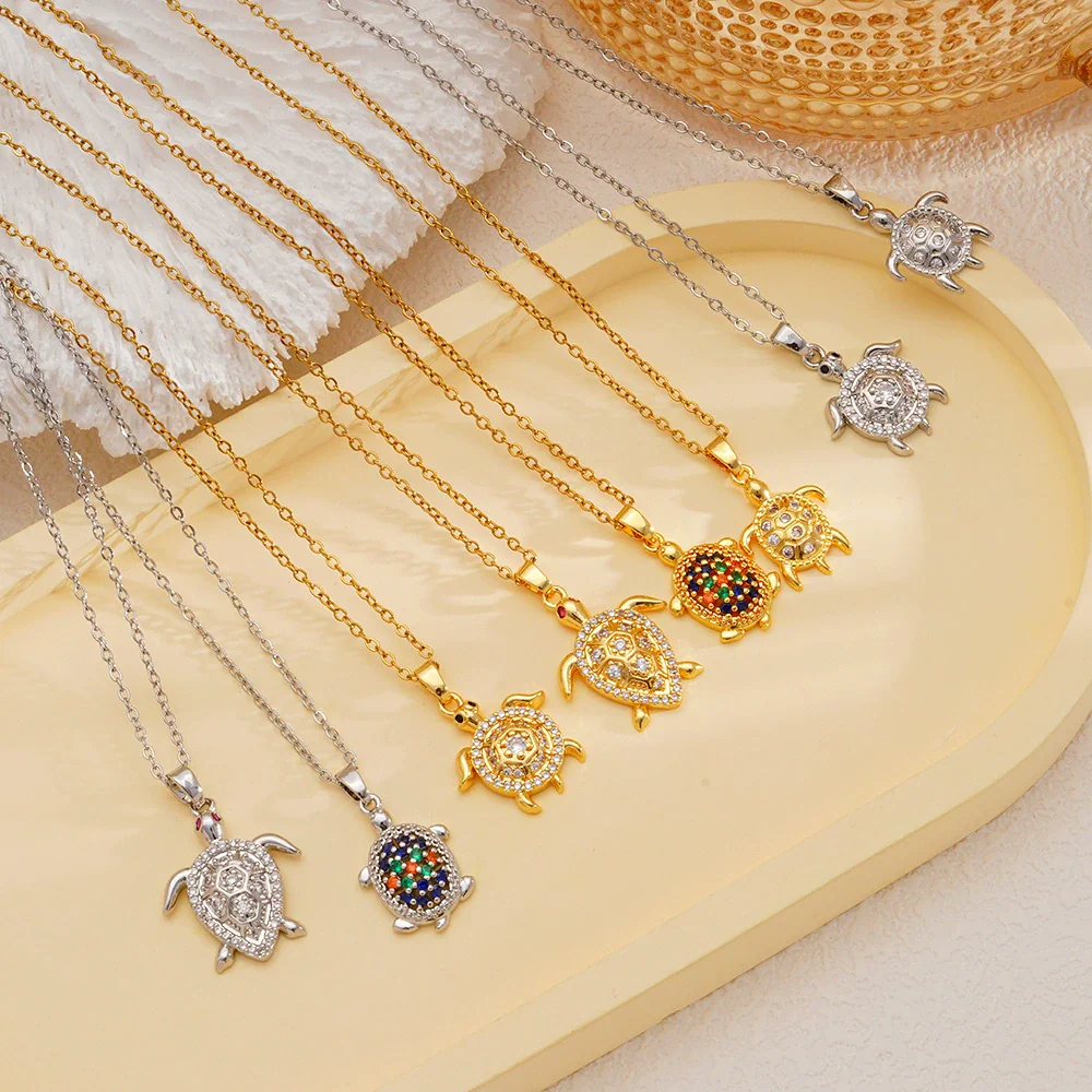 Wholesale Women's Copper Inlaid Zircon Ocean Series Turtle Pendant Necklace Electroplated Animal Zodiac Stylish Fashion Versatile Clavicle Chain Jewelry