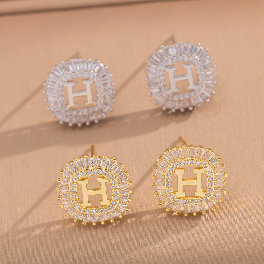 Wholesale Women's Copper Letter Earrings With 18K Gold Plating And Zircon Light Luxury And Simple Style