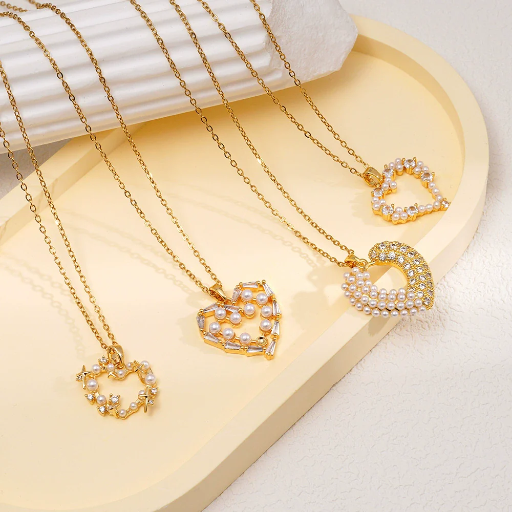 Wholesale Women's Copper Necklace With Heart Shape Pendant Inlaid With Mixed Gemstone And Zircon In Light Luxury Style And Electroplated - Image 4