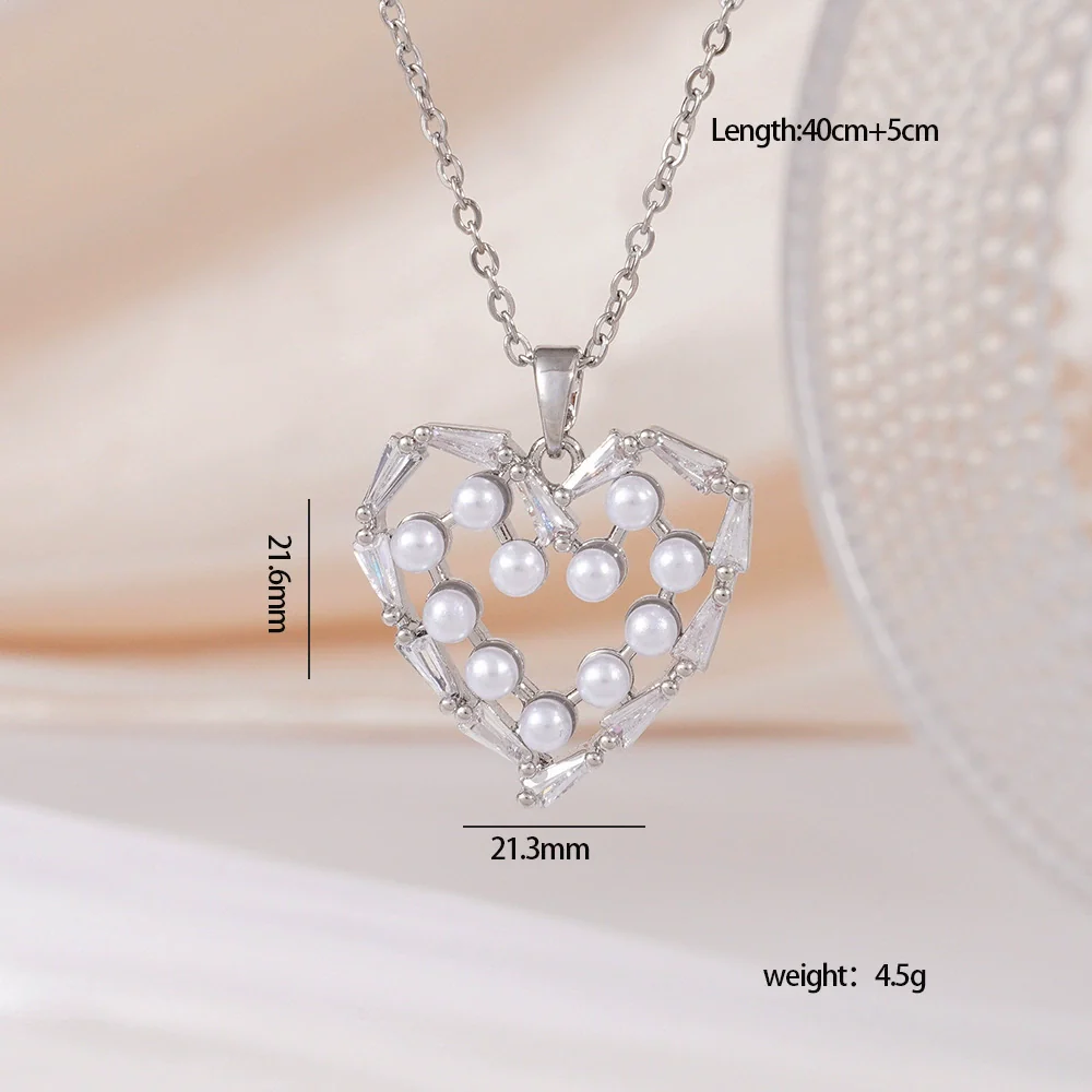 Wholesale Women's Copper Necklace With Heart Shape Pendant Inlaid With Mixed Gemstone And Zircon In Light Luxury Style And Electroplated - Image 7