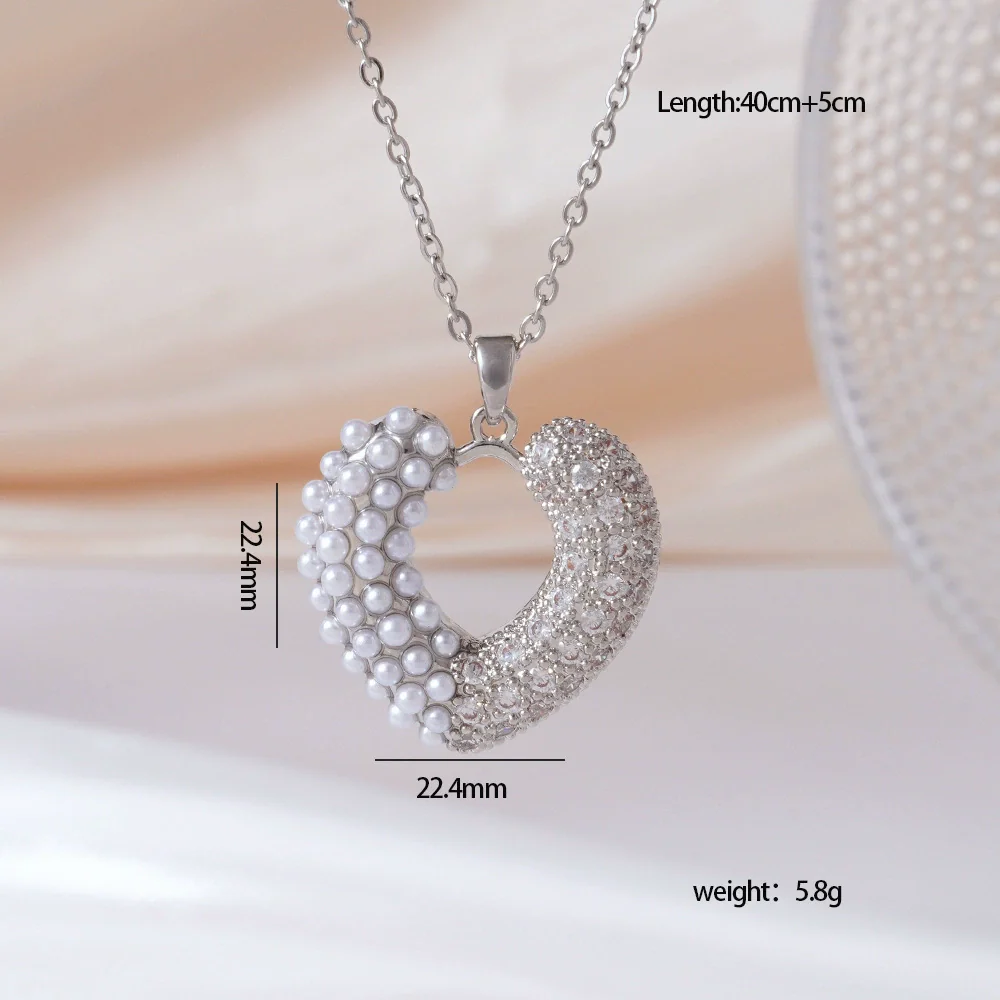 Wholesale Women's Copper Necklace With Heart Shape Pendant Inlaid With Mixed Gemstone And Zircon In Light Luxury Style And Electroplated - Image 9