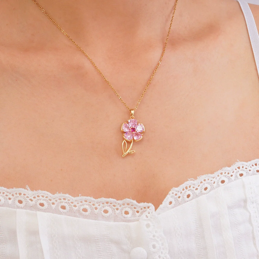 Wholesale Women's Copper Necklace With Micropaved Zircon Sunflower Pendant And Stainless Steel O Word Chain Electroplated Light Luxury Style - Image 8