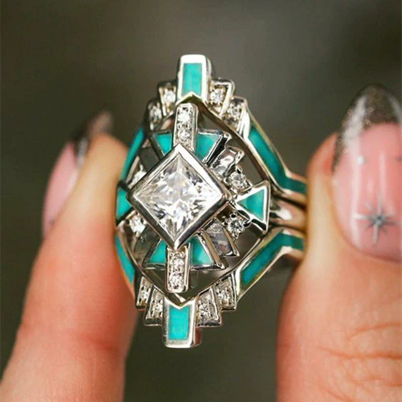 Wholesale Women's Copper Threepiece Ring Set Futuristic Techinspired With Rhombus Geometric Design Set With Zirconia