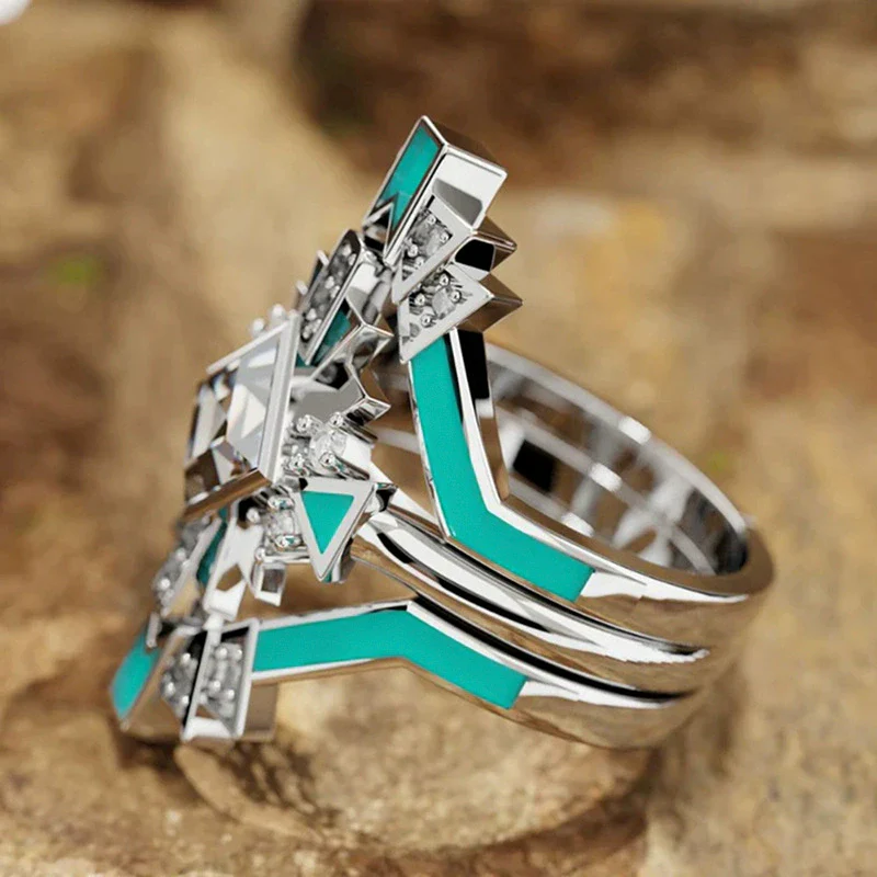 Wholesale Women's Copper Threepiece Ring Set Futuristic Techinspired With Rhombus Geometric Design Set With Zirconia - Image 3