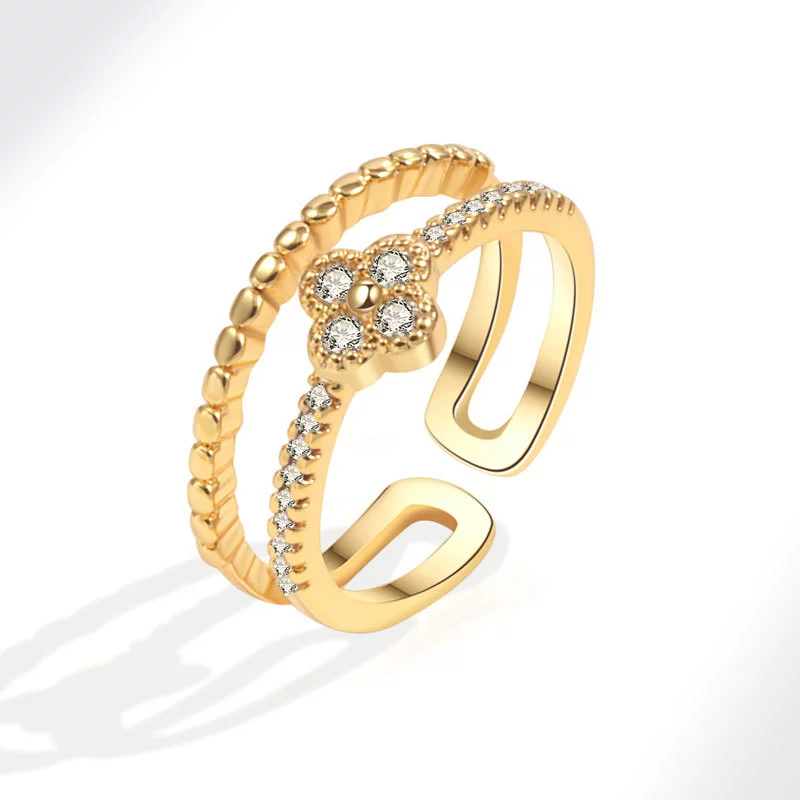 Wholesale Women's Copper Zircon Fourleaf Clover Geometric Ring With Electroplating - Image 6