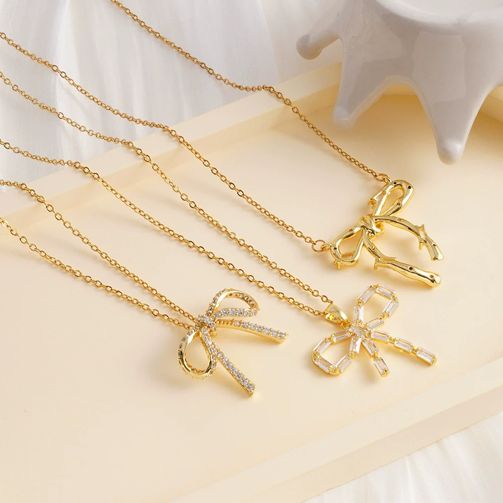 Wholesale Women's Copper Zircon O Chain Necklace With Mixed Gemstone Inlay Bow Tie Pendant Electroplated Vintage Light Luxury Style - Image 2