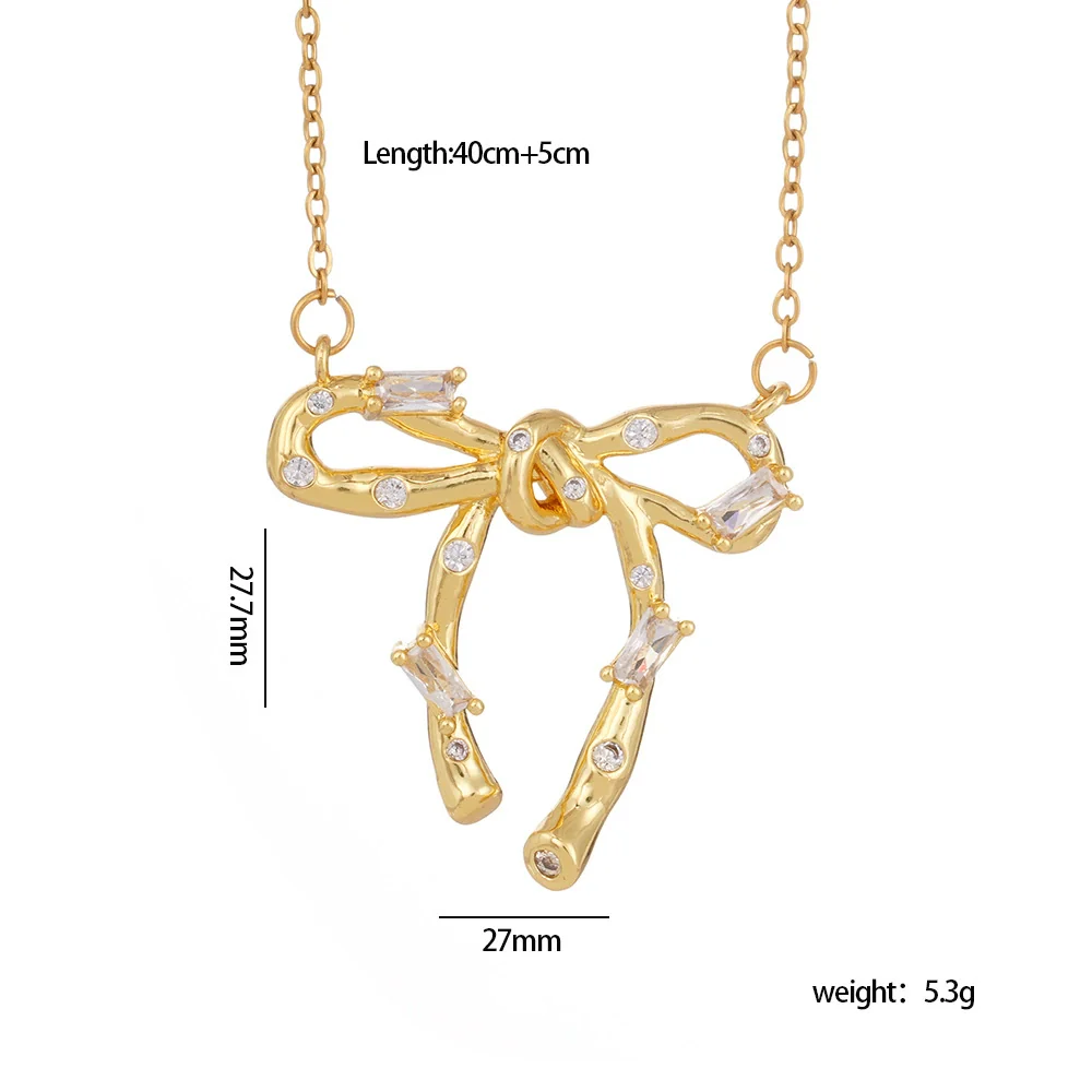 Wholesale Women's Copper Zircon O Chain Necklace With Mixed Gemstone Inlay Bow Tie Pendant Electroplated Vintage Light Luxury Style - Image 5