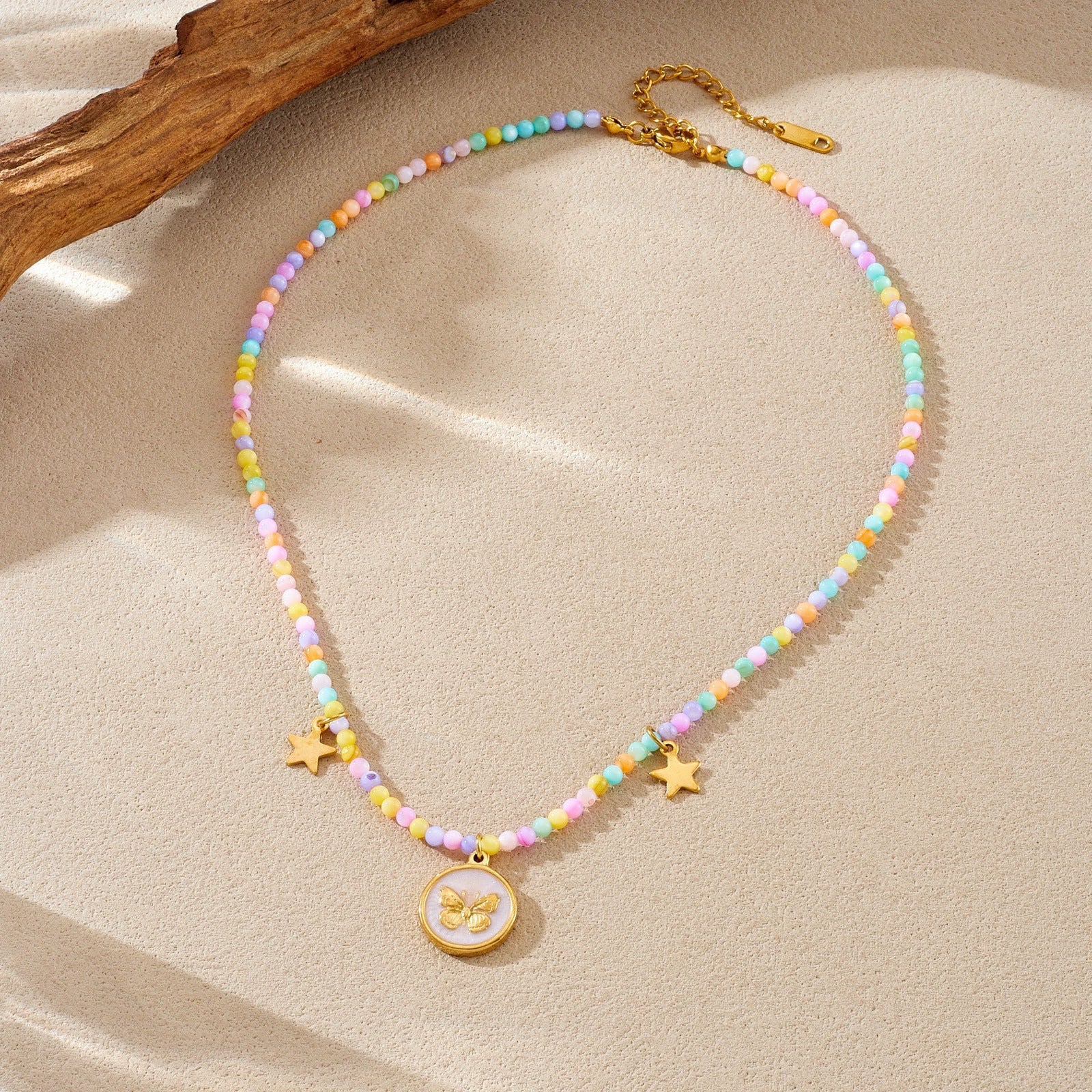 Wholesale Women's Creamy Sweet Girl Style Insect Pattern Stainless Steel Electroplated Beaded Chain Necklace With Round Oil Drop Butterfly Pendant - Image 3