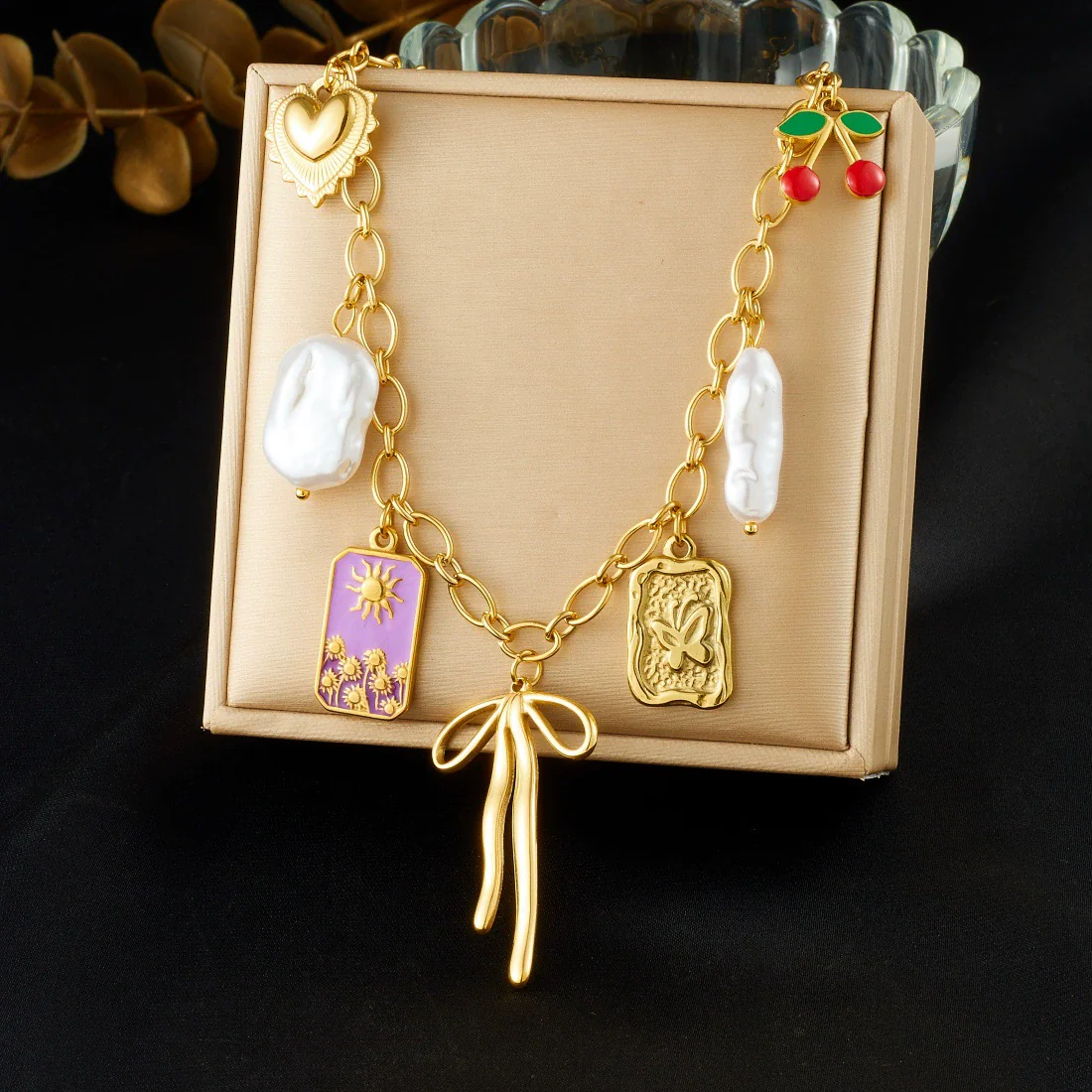 Wholesale Women's Creamy Sweet Style Bow Tie Pattern Square Goldplated Stainless Steel Pendant Necklace With O Word Chain