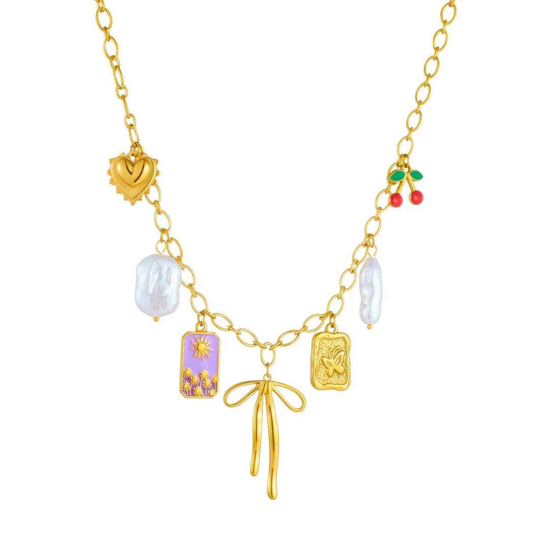Wholesale Women's Creamy Sweet Style Bow Tie Pattern Square Goldplated Stainless Steel Pendant Necklace With O Word Chain - Image 5