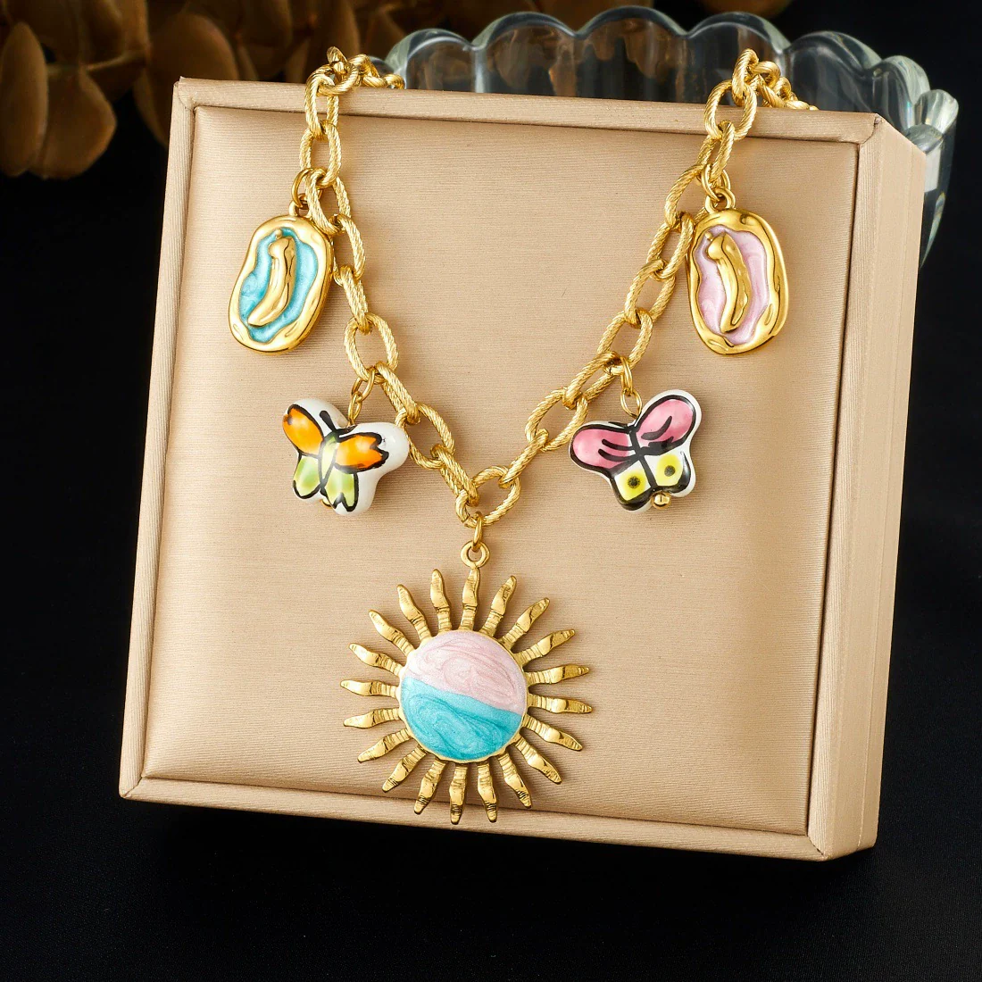 Wholesale Women's Creamy Sweet Style Electroplated Stainless Steel Insect Pattern Butterfly Pendant Necklace With Cross Round Chain