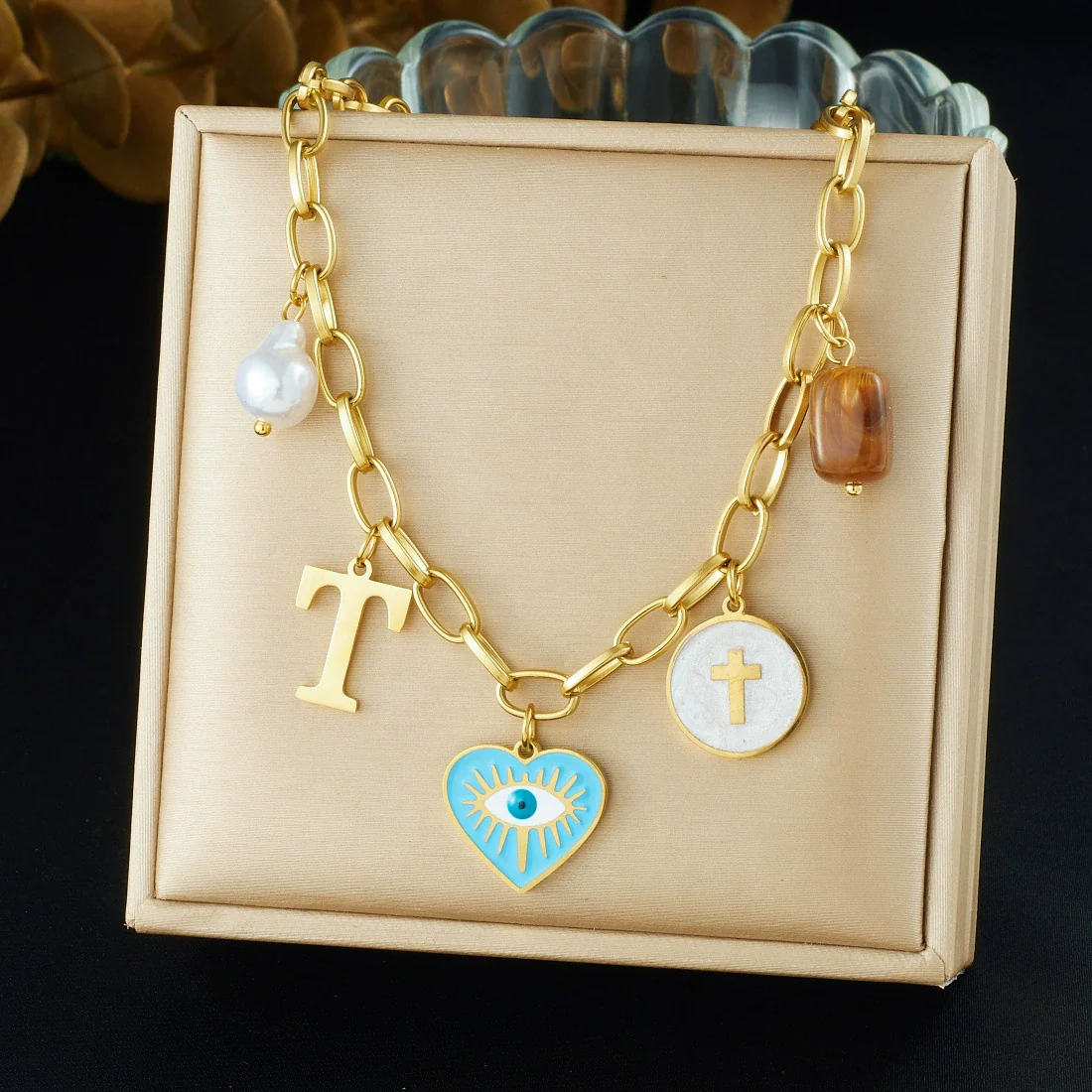 Wholesale Women's Creamy Sweet Style Heart Shape Cartoon Multielement Oil Dripping Love Eyes Letter Round Pendant Stainless Steel Electroplated Necklace With Flat Cross Chain