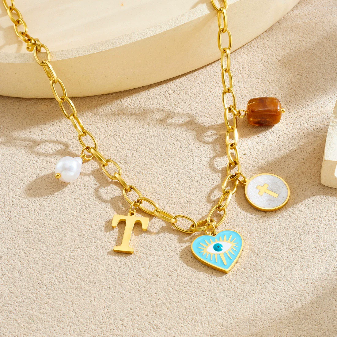 Wholesale Women's Creamy Sweet Style Heart Shape Cartoon Multielement Oil Dripping Love Eyes Letter Round Pendant Stainless Steel Electroplated Necklace With Flat Cross Chain - Image 2