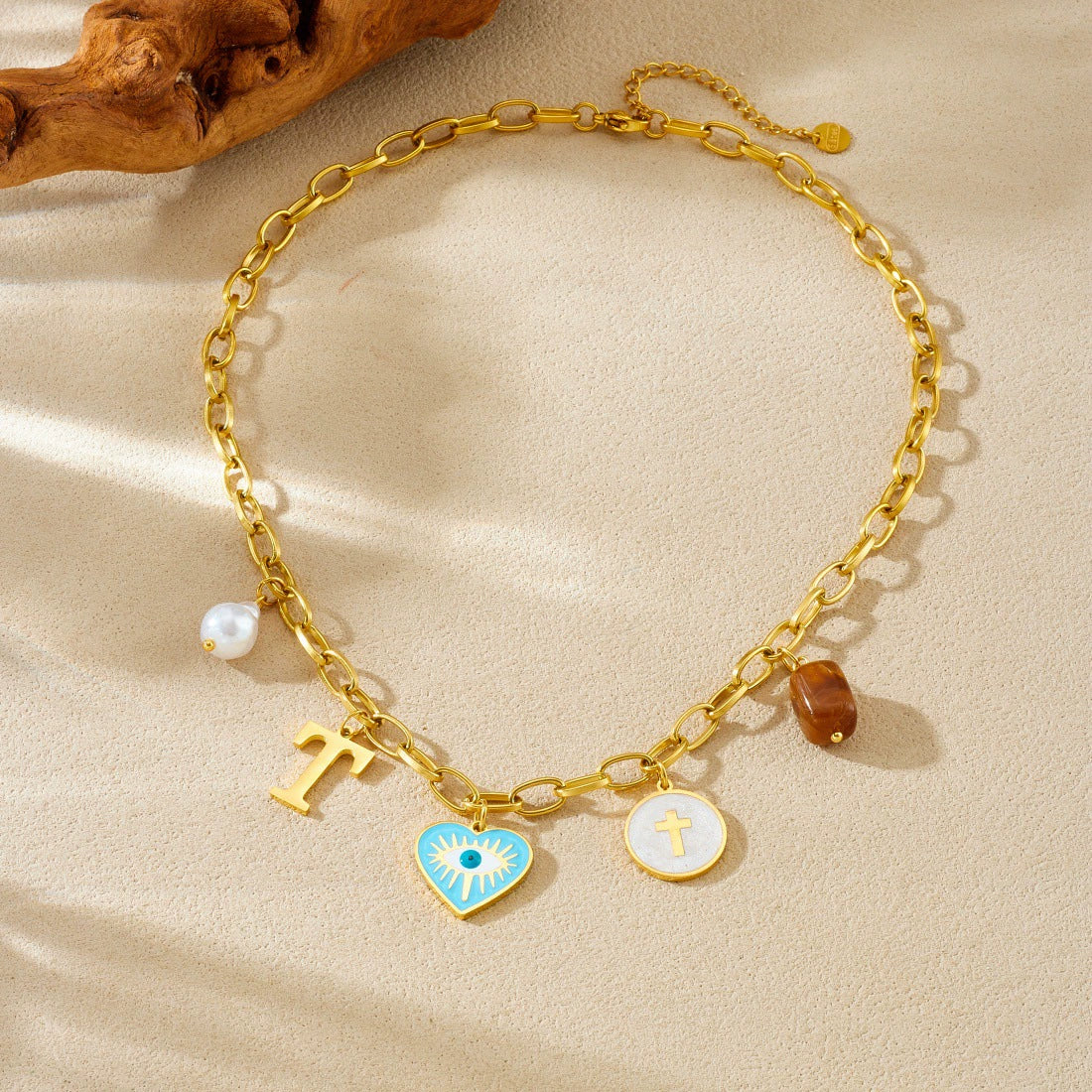 Wholesale Women's Creamy Sweet Style Heart Shape Cartoon Multielement Oil Dripping Love Eyes Letter Round Pendant Stainless Steel Electroplated Necklace With Flat Cross Chain - Image 3