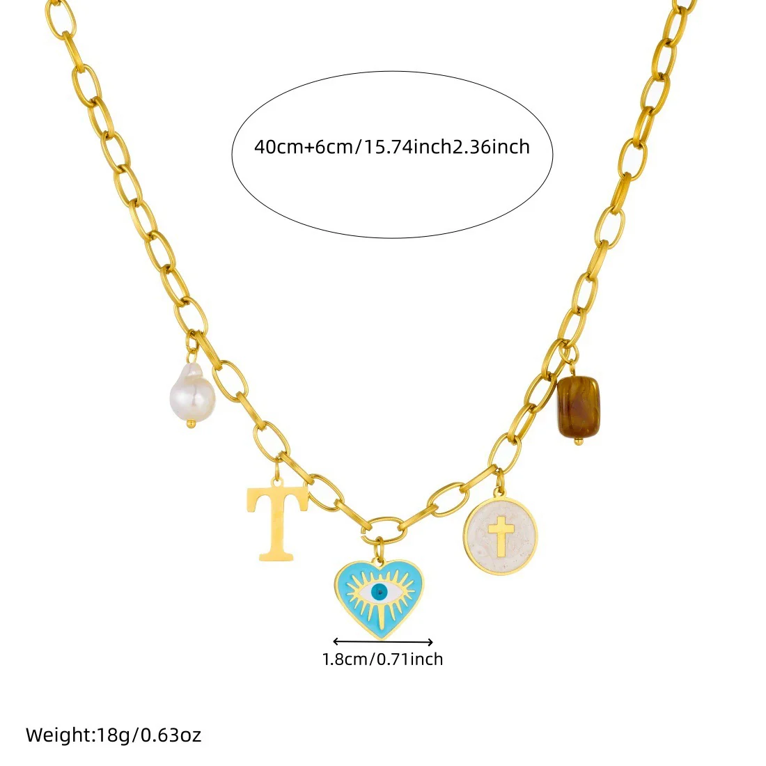 Wholesale Women's Creamy Sweet Style Heart Shape Cartoon Multielement Oil Dripping Love Eyes Letter Round Pendant Stainless Steel Electroplated Necklace With Flat Cross Chain - Image 4