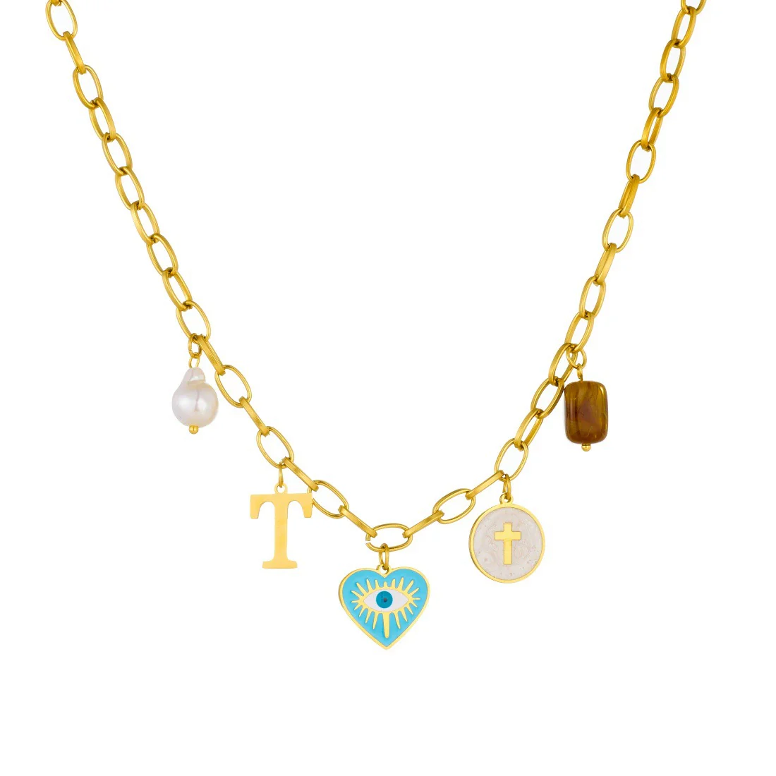 Wholesale Women's Creamy Sweet Style Heart Shape Cartoon Multielement Oil Dripping Love Eyes Letter Round Pendant Stainless Steel Electroplated Necklace With Flat Cross Chain - Image 5