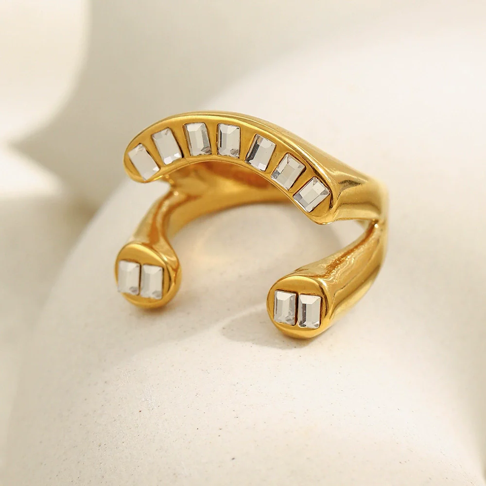 Wholesale Women's Creative Geometric Stainless Steel 18K Gold Plated Highend Asymmetrical Zircon Ring Hand Jewelry