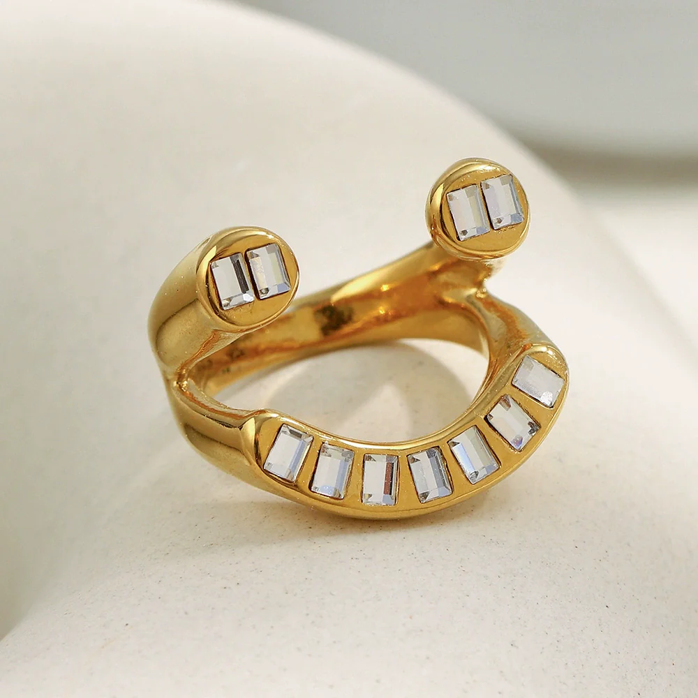 Wholesale Women's Creative Geometric Stainless Steel 18K Gold Plated Highend Asymmetrical Zircon Ring Hand Jewelry - Image 3