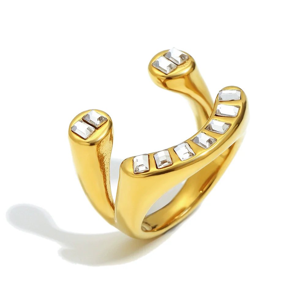 Wholesale Women's Creative Geometric Stainless Steel 18K Gold Plated Highend Asymmetrical Zircon Ring Hand Jewelry - Image 5