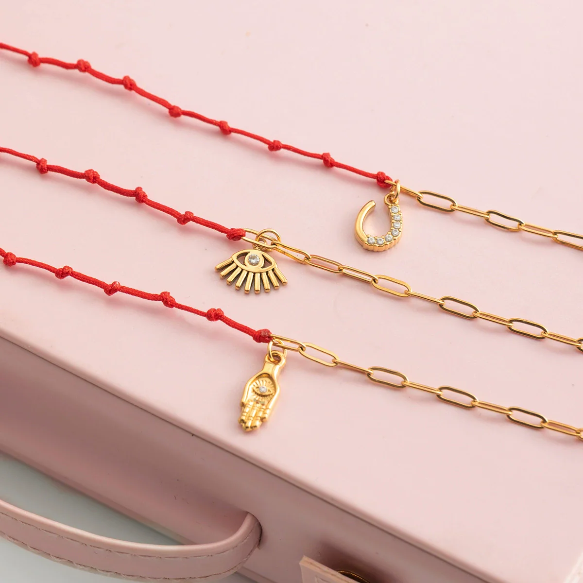 Wholesale Women's Cute Geometric Stainless Steel Electroplated Rhinestone Red Rope Bracelet Jewelry - Image 4