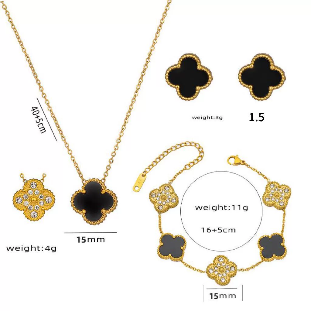 Wholesale Women's Diamond Geometric Versatile Fourleaf Flower Bracelet And Necklace Set In Titanium Steel With Vacuum Plating - Image 2