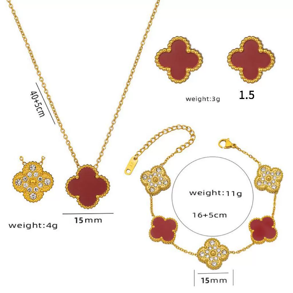 Wholesale Women's Diamond Geometric Versatile Fourleaf Flower Bracelet And Necklace Set In Titanium Steel With Vacuum Plating - Image 5