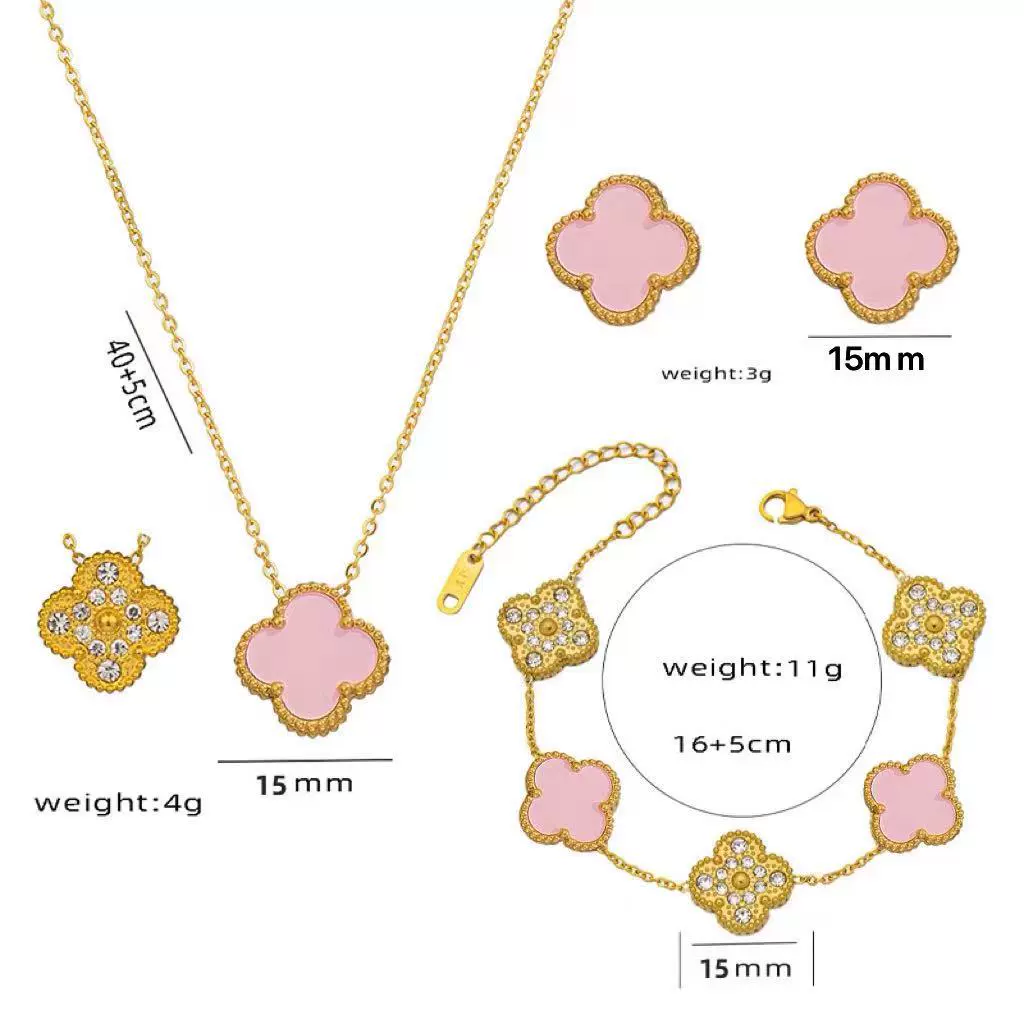 Wholesale Women's Diamond Geometric Versatile Fourleaf Flower Bracelet And Necklace Set In Titanium Steel With Vacuum Plating - Image 6