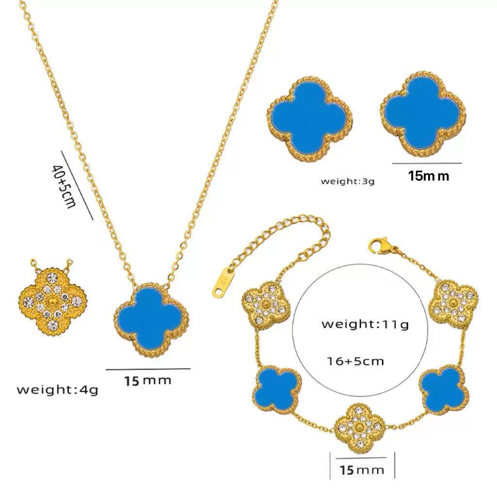 Wholesale Women's Diamond Geometric Versatile Fourleaf Flower Bracelet And Necklace Set In Titanium Steel With Vacuum Plating - Image 7