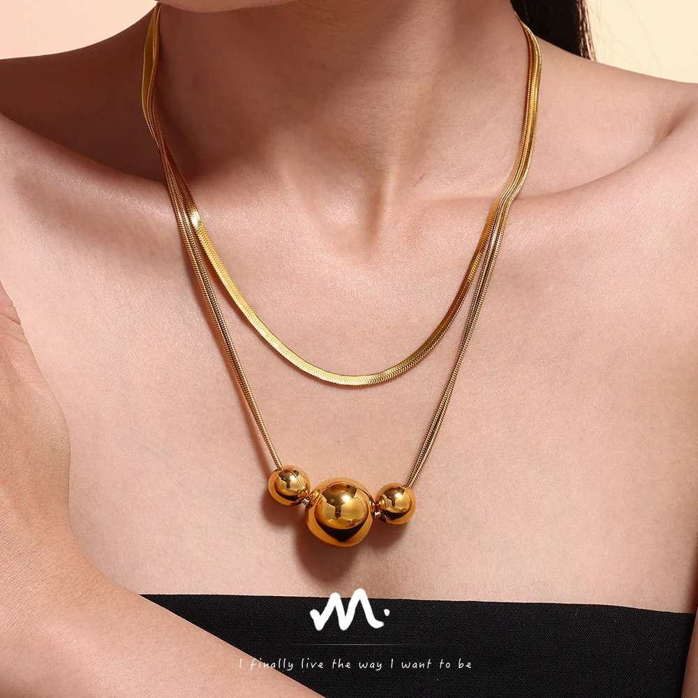 Wholesale Women's Double Layer Stacked Geometric Stainless Steel And Titanium Steel Electroplated Necklace Choker