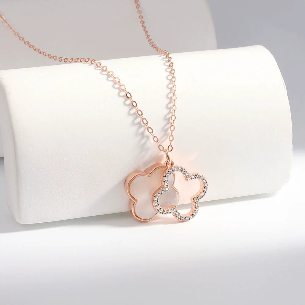Wholesale Women's Double Sided Four Leaf White Fritillary 925 Sterling Silver Necklace With 18K Rose Gold Electroplated Finish - Image 4
