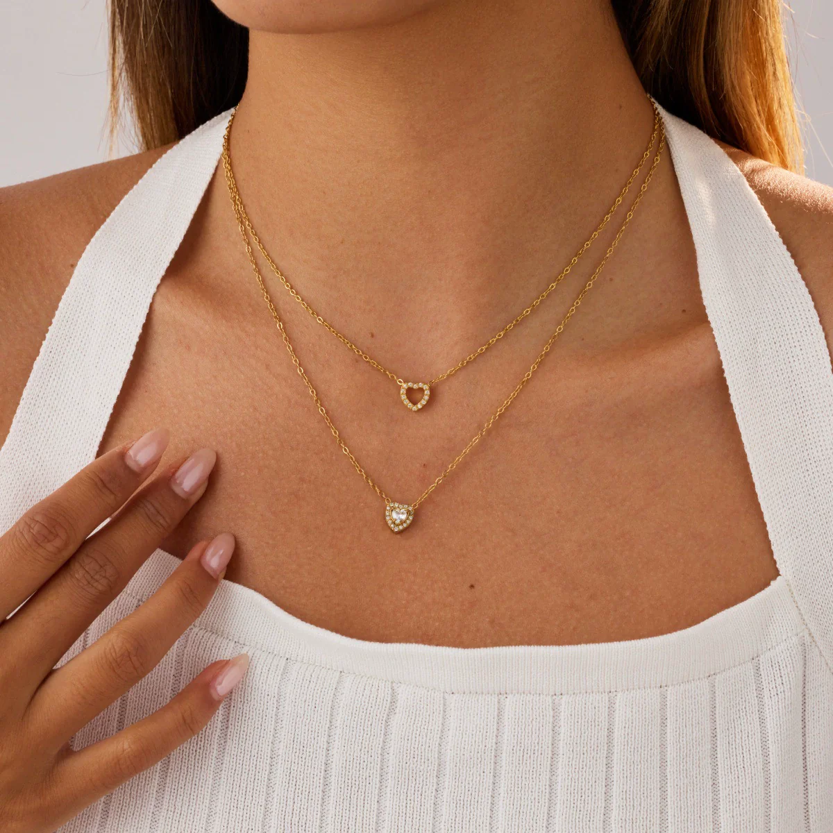 Wholesale Women's Doublelayer Geometric Heart Stainless Steel Zircon Necklace 18K Gold Plated