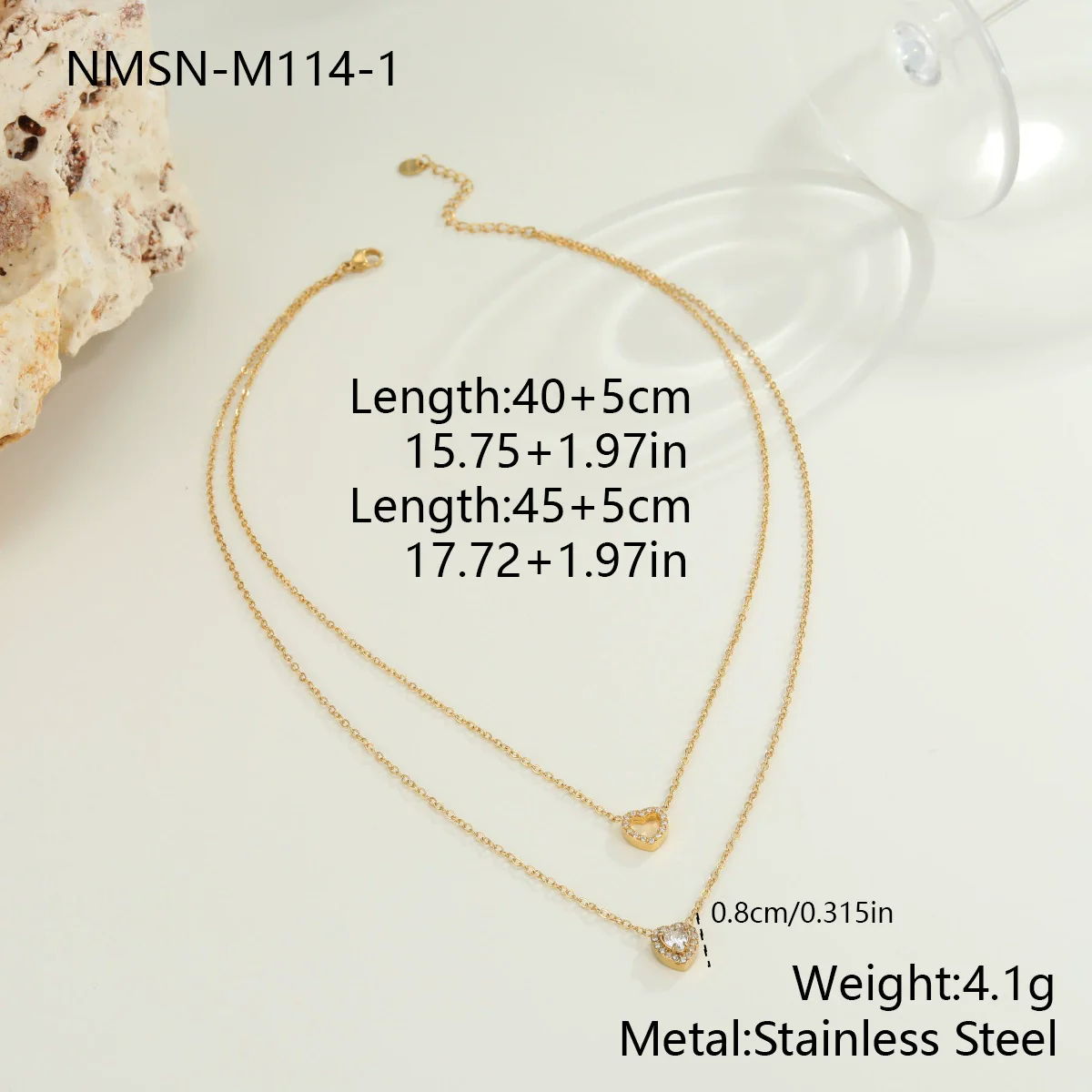Wholesale Women's Doublelayer Geometric Heart Stainless Steel Zircon Necklace 18K Gold Plated - Image 6