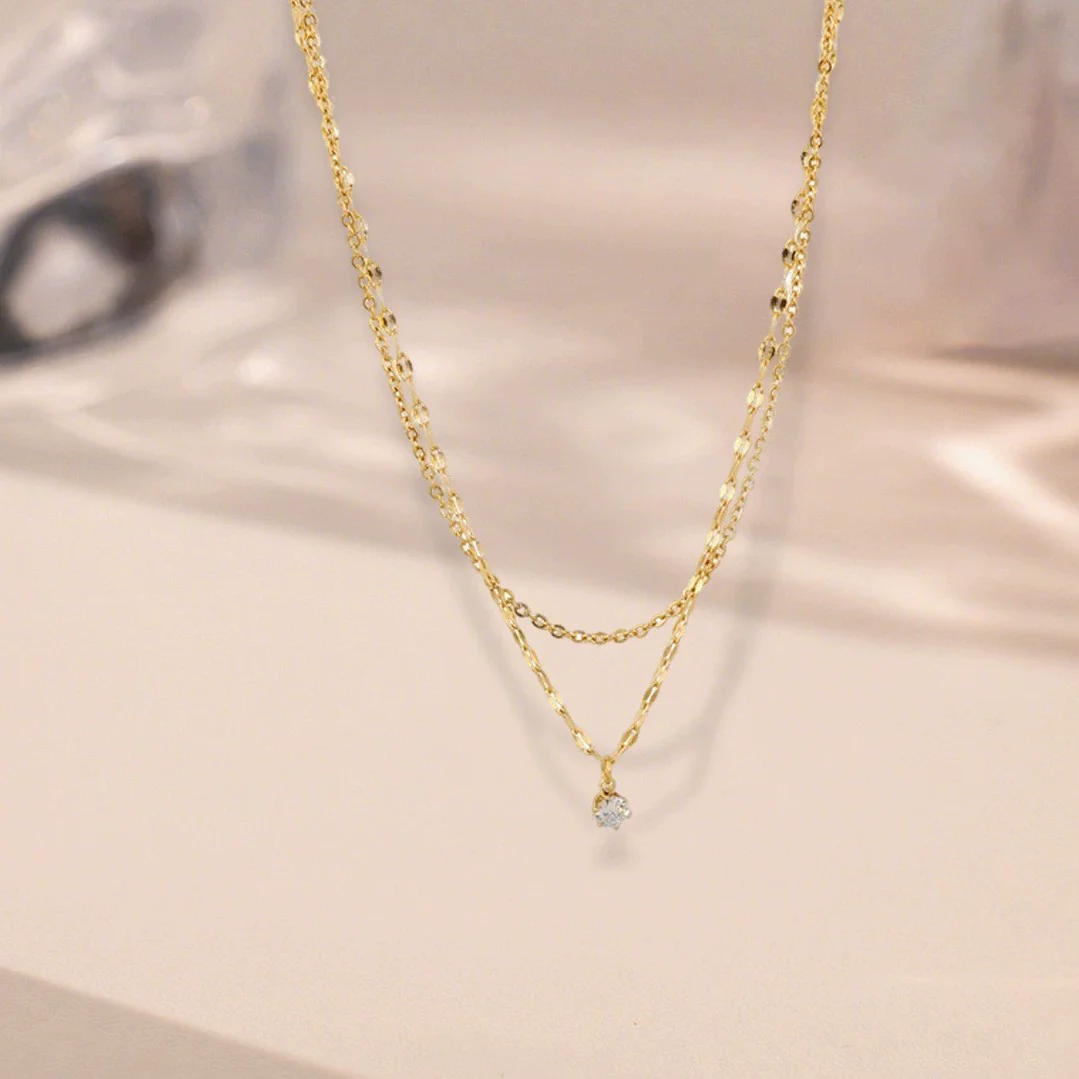 Wholesale Women's Doublelayer Ultrashiny Single Diamond Titanium Steel Drop Shape Electroplated Water Wave Chain Necklace Fashion Simple Minimalist Accessory