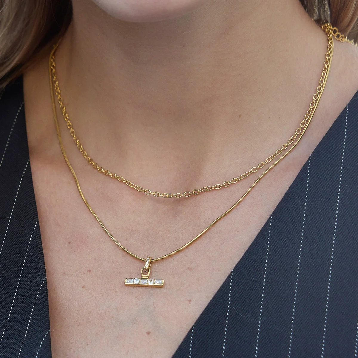 Wholesale Women's Doublelayered Tbar Geometric Stainless Steel Necklace With Pvd Furnace Vacuum Real Gold Plating - Image 2
