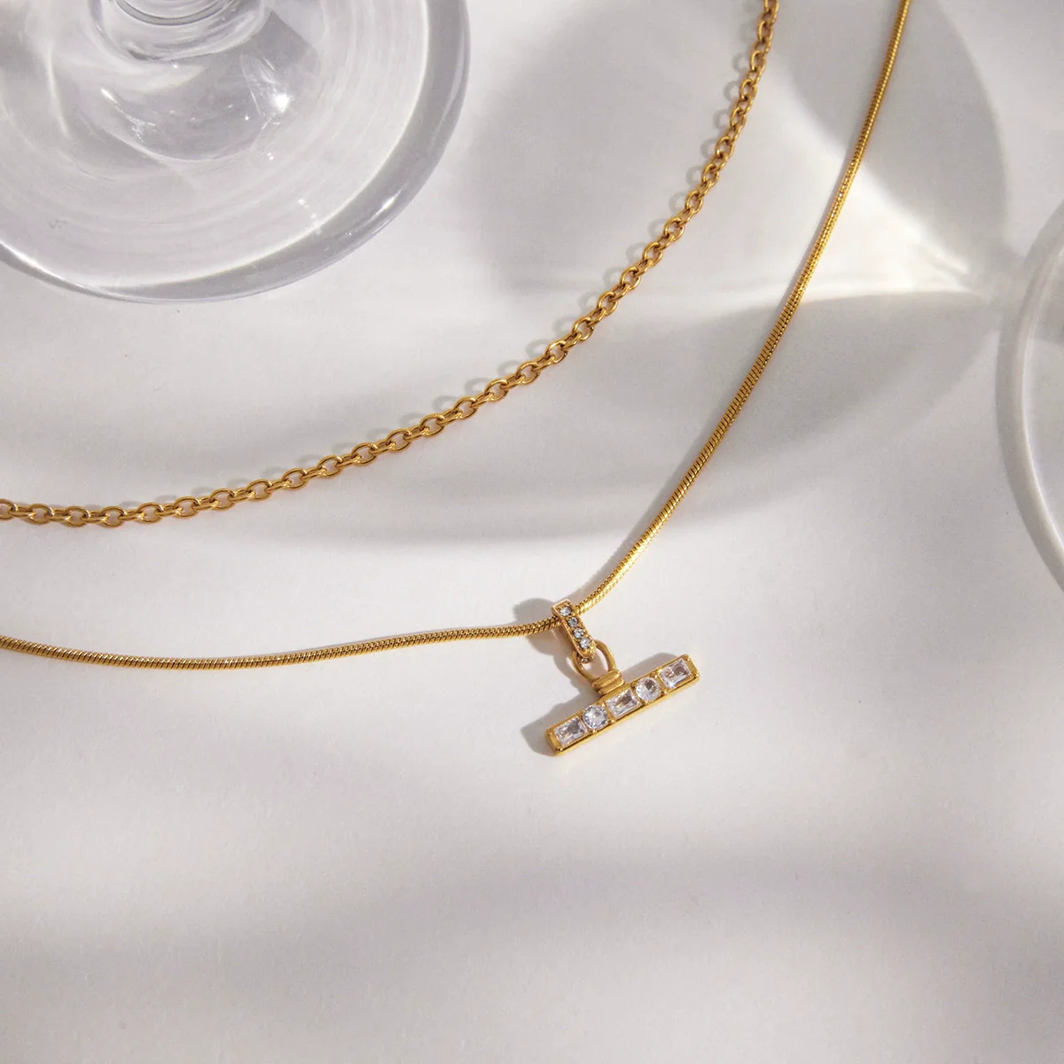 Wholesale Women's Doublelayered Tbar Geometric Stainless Steel Necklace With Pvd Furnace Vacuum Real Gold Plating - Image 4