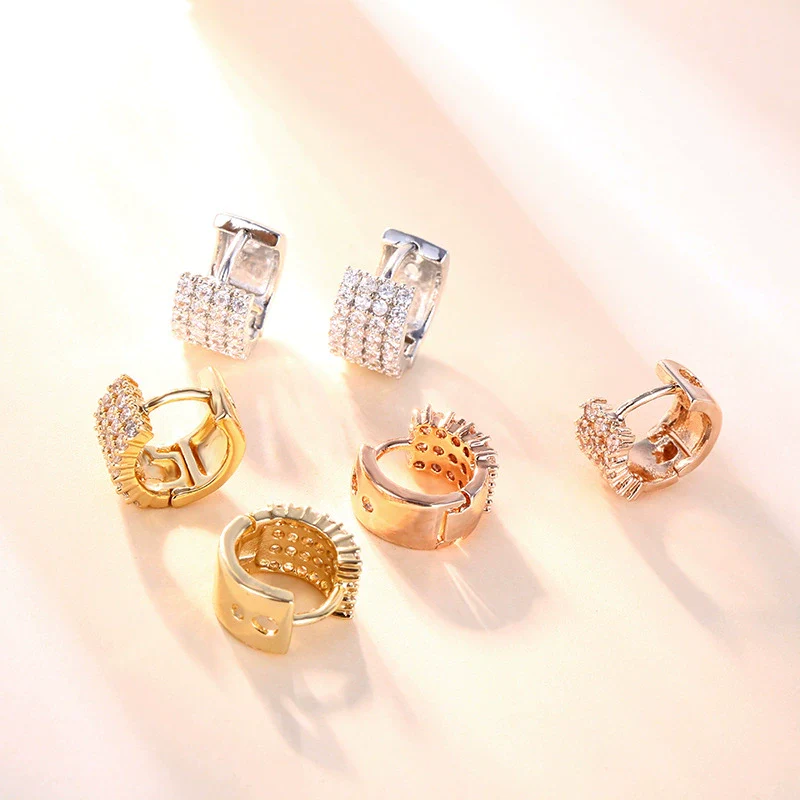 Wholesale Women's Doublerow Ear Buckle Geometric Diamond Zircon Earrings With Electroplating Treatment