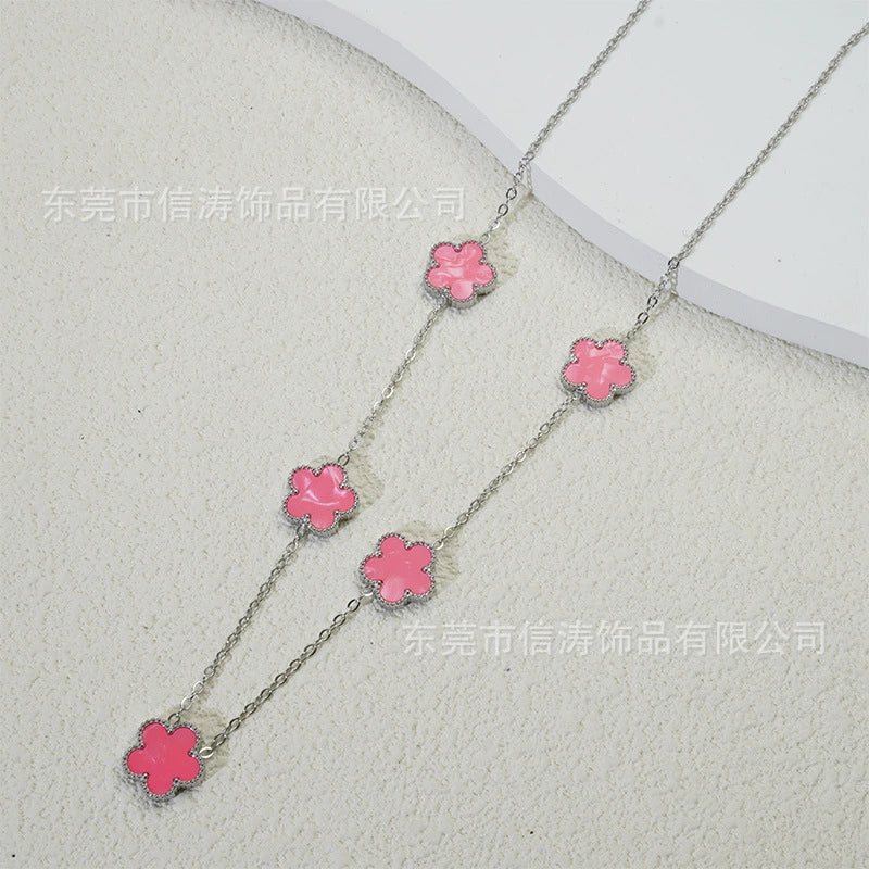 Wholesale Women's Doublesided Clover And Leaf Pendant Collarbone Cross Chain Fashion Simple Versatile Silverplated Titanium Steel Necklace - Image 3