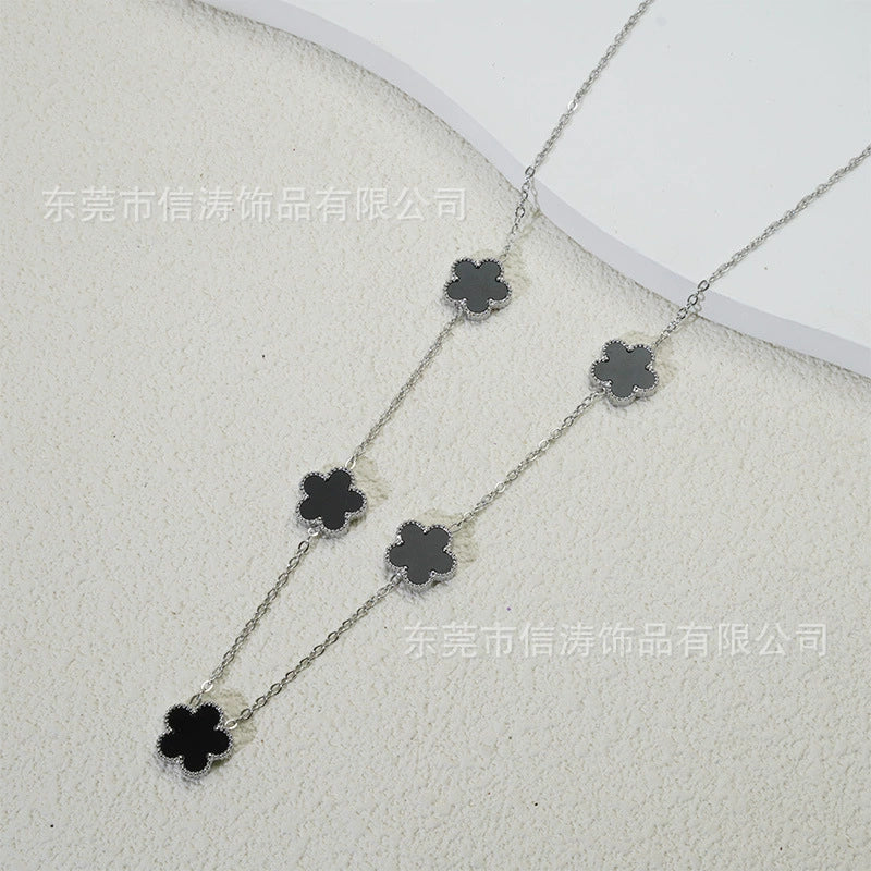 Wholesale Women's Doublesided Clover And Leaf Pendant Collarbone Cross Chain Fashion Simple Versatile Silverplated Titanium Steel Necklace - Image 7